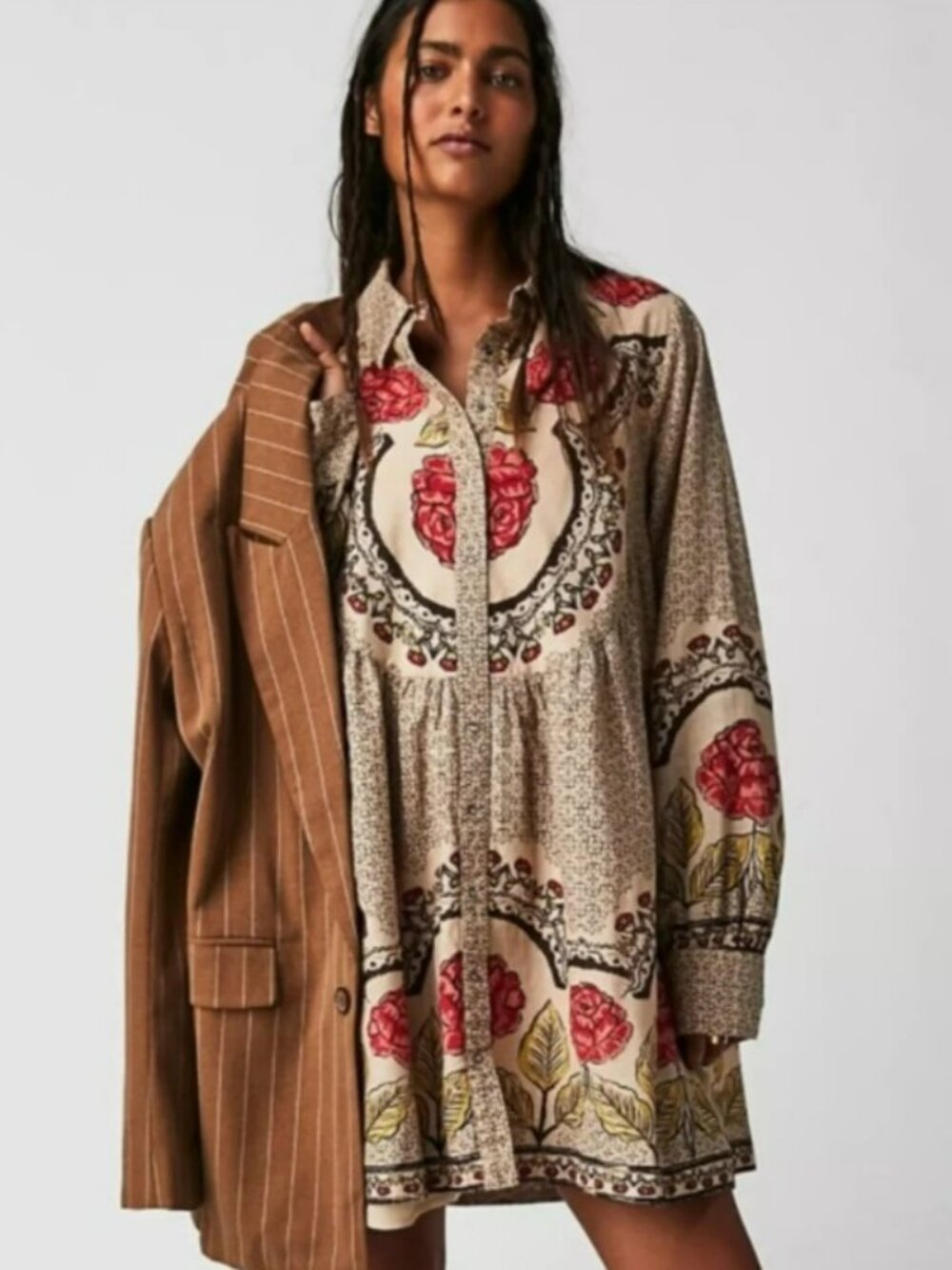 Free People Smell The Roses Mini Western Dress Snap Front in Tea Combo